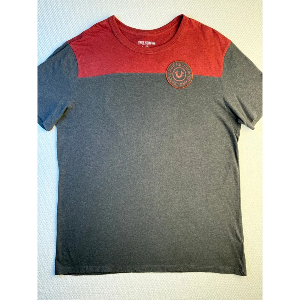 Men's True Religion Red Grey Colorblock Short Sleeve Tee Shirt XXL